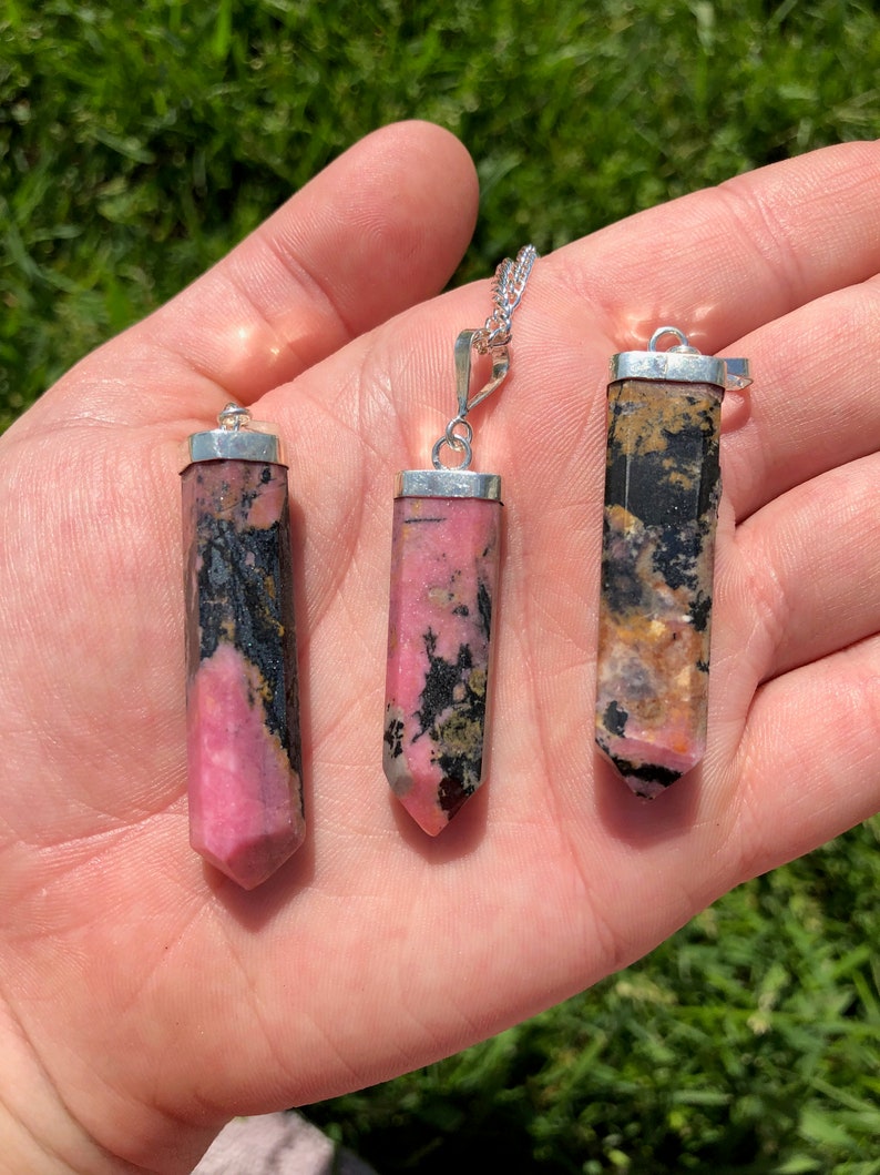 Rhodonite Pendant - Sterling Silver Rhodonite Necklace - Rhodonite Jewelry - Crystal Necklace - Polished Rhodonite Pendant image 3