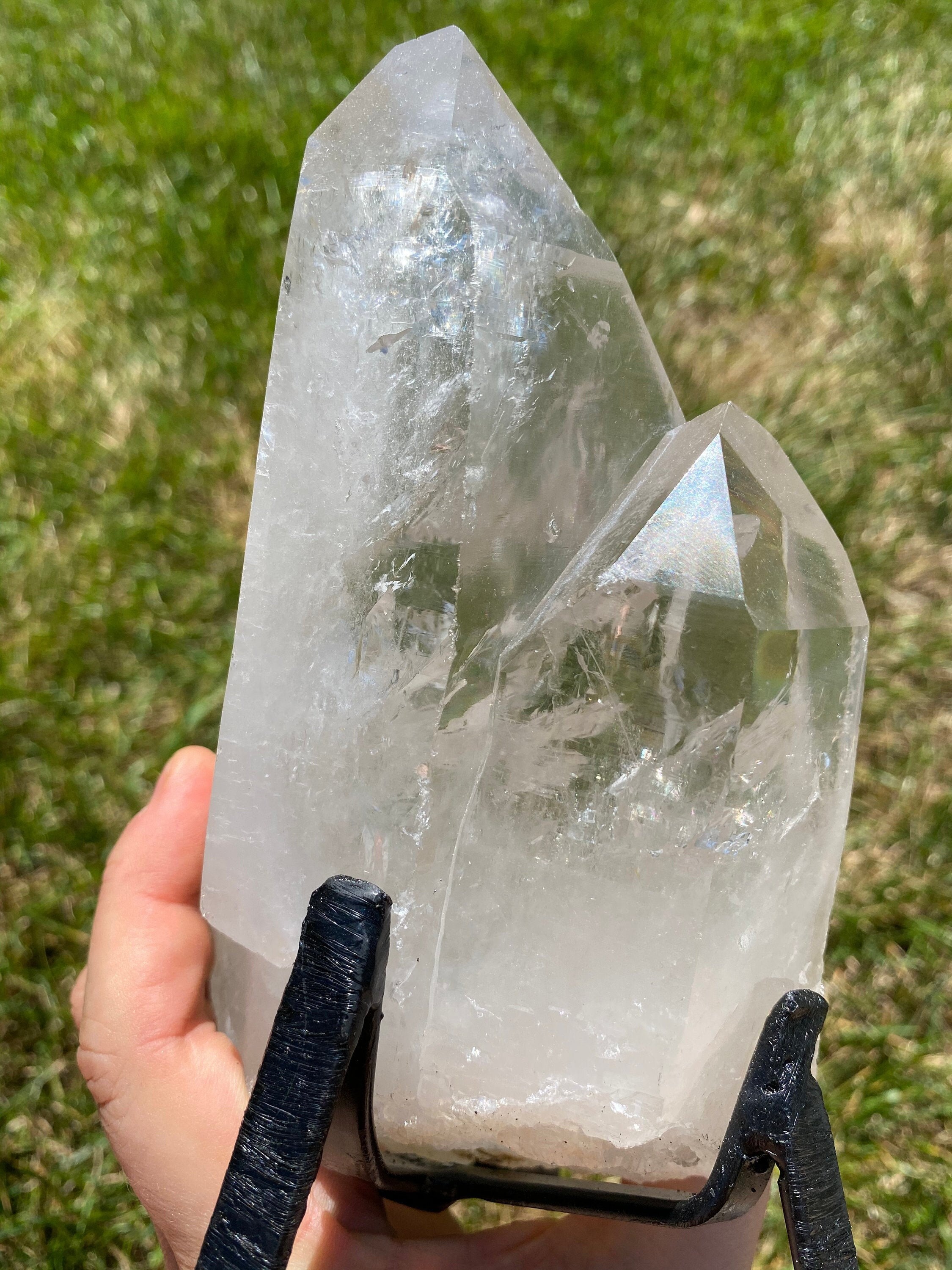 Lemurian Quartz Crystal On Metal Stand - Large Point Standing Decor 17
