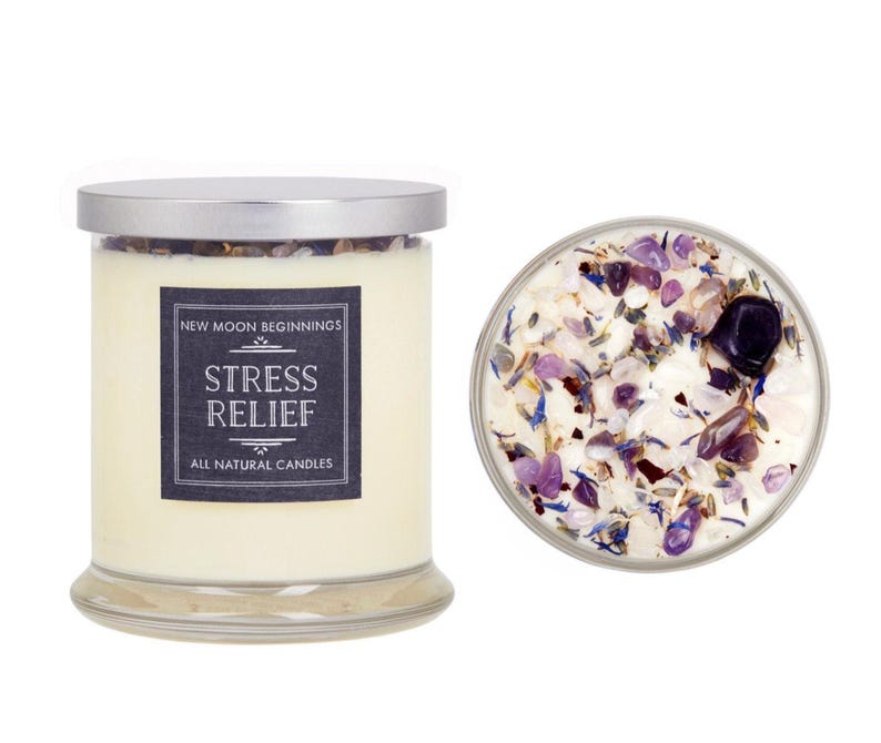 Stress Relief Candles - Lavender Candle or Tealights - Soy Aromatherapy Candle w/ Amethyst, Rose Quartz, Clear Quartz image 7