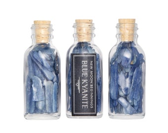 Blue Kyanite Crystal Bottle - Polished Blue Kyanite Stone in Glass Bottle - Blue Kyanite Chips - Blue Kyanite Blades - Blue Kyanite Gemstone