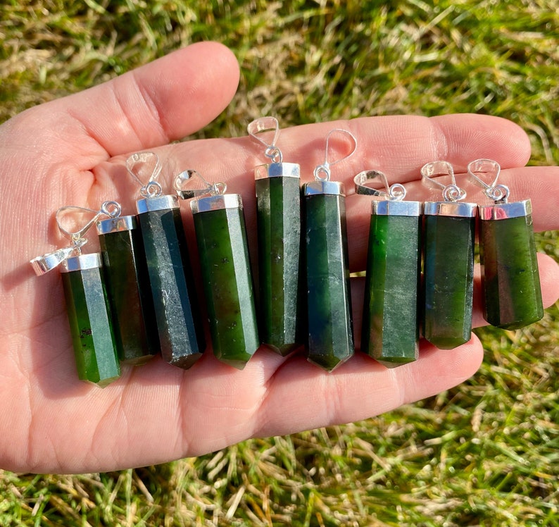 Nephrite Jade Stone Point Pendant - Sterling Silver Pendant - Polished Nephrite Jade Point - Jade Jewelry - Crystal Necklace image 6