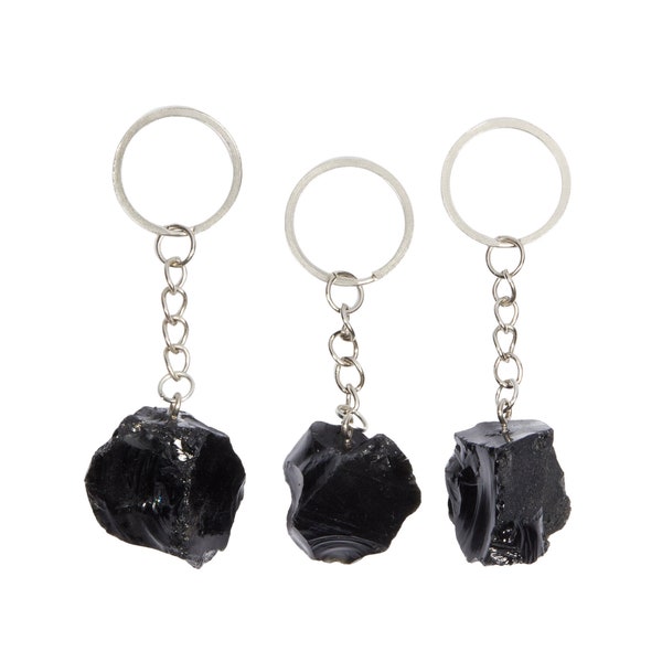 Raw Black Obsidian Stone Keychain - Raw Black Obsidian Crystal Keychain - Rough Black Obsidian - Obsidian Key Chain - Crystal Key Ring