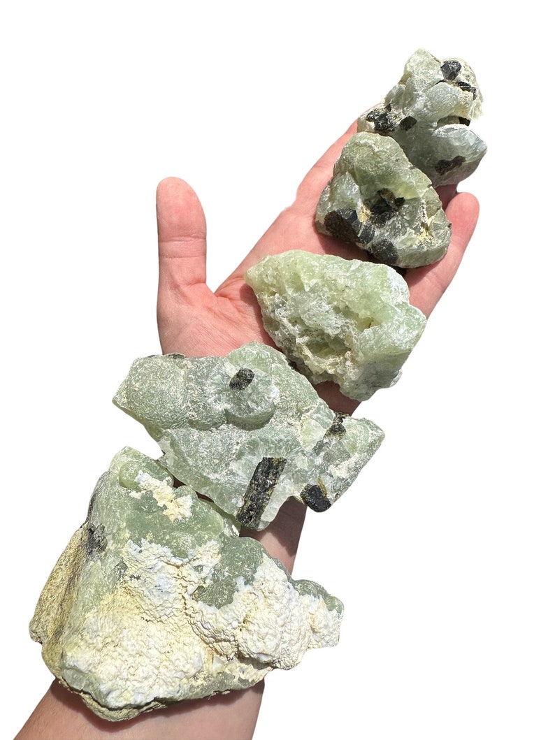 Cristal de prehnita en bruto (de 0,5" a 4") - Piedra de prehnita en bruto - Cúmulo de prehnita - Algunas son prehnitas rutiladas con turmalina negra o epidota imagen 3