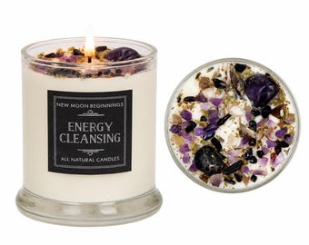 Energy Cleansing Candle - Protection Candle - Crystal Candle - Lavender & Sage Candle - Soy Intention Candle - Energy Candle - Handmade!