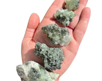 May include: Five green and gray crystal clusters of varying sizes, held in a hand. The crystals have a rough, textured surface and are translucent.