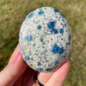 K2 Stone (Azurite in Quartz) Oval Palm Stone - (2&quot; - 3&quot;) - Polished Blue K2 Crystal - Tumbled K2 Azurite in Granite - Tumbled K2 Jasper