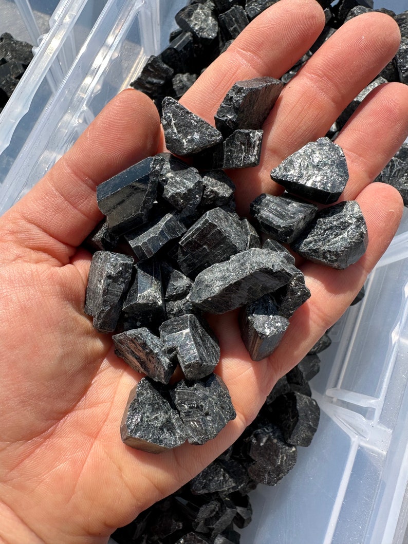May include: A hand holding a pile of black tourmaline crystals. The crystals are rough and have a variety of shapes and sizes.