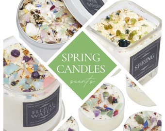Handmade Spring Candles - Seasonal Healing Crystal Candles - Floral Candles - Aromatherapy Soy Candles - Spring Tealights - Handmade!