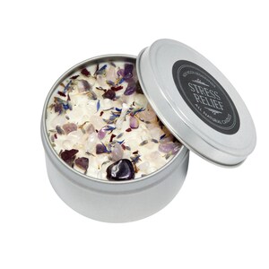 Stress Relief Candles - Lavender Candle or Tealights - Soy Aromatherapy Candle w/ Amethyst, Rose Quartz, Clear Quartz image 4
