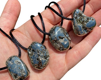Pyrite Stone Pendant on 28" Black Cord - Tumbled Pyrite Stone Necklace - Crystal Necklace - Pyrite Jewelry - Polished Pyrite Pendant