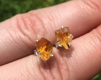 Raw Citrine Earrings with Silver Colored Settings - Citrine Crystal Stud Earrings - Citrine Jewelry - Raw Citrine - Citrine Post Earrings
