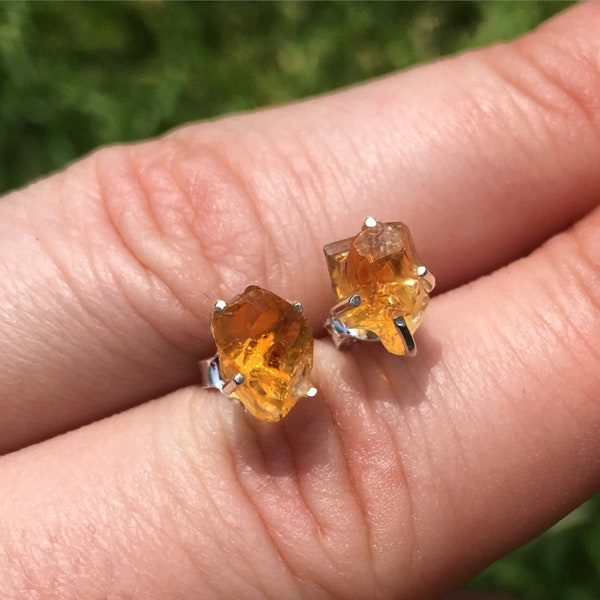 Raw Citrine Earrings with Silver Colored Settings - Citrine Crystal Stud Earrings - Citrine Jewelry - Raw Citrine - Citrine Post Earrings