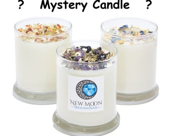 Mystery Candle - New Moon Beginnings - Mystery Crystal Candle - Imperfect Candle - Discounted Candle - Crystal & Herb Intention Candles