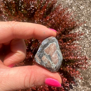 May include: A smooth, gray and pink stone with a unique pattern. The stone has a rough, natural texture.