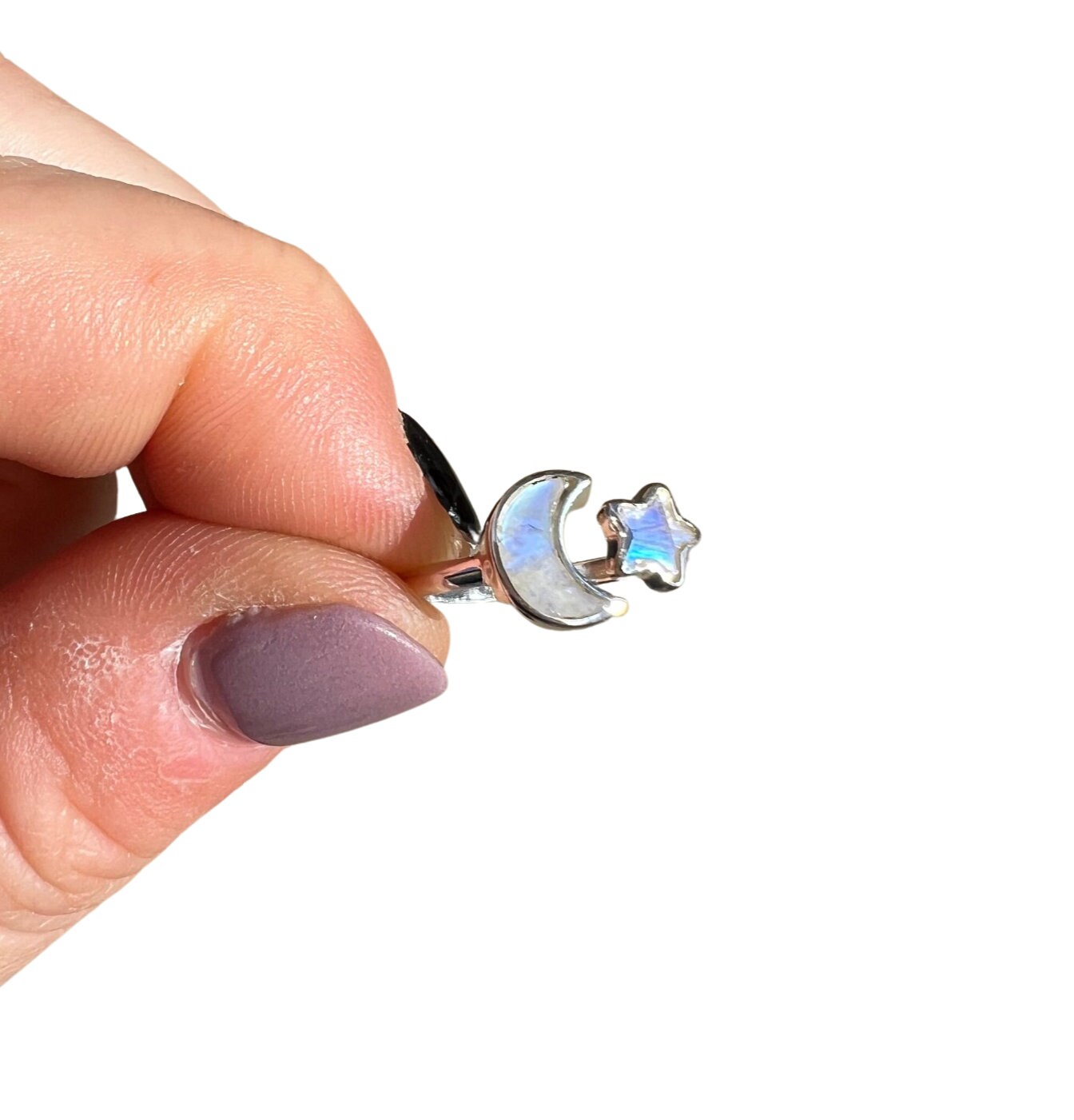 Moon & Star Rainbow Moonstone Ring - Sterling Silver - Sizes Moon & Star Rainbow Moonstone Ring - Sterling Silver - Sizes