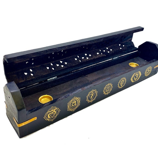 Black Seven Chakra Engraved Wooden Incense Burner - 7 Chakra Brass Inlay Wooden Incense Holder - Incense Box - Stick burner - Cone Burner