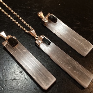 Raw Selenite Pendant with Black Tourmaline - Selenite Necklace with Black Tourmaline - Raw Selenite with Raw Black Tourmaline Jewelry