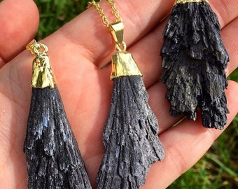 Black Kyanite Necklace - Raw Black Kyanite Blade Pendant - Raw Kyanite Jewelry - Witches Broom Necklace - Black Crystal Necklace