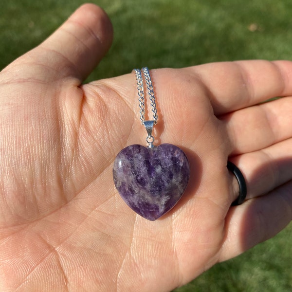 Amethyst Heart Pendant - Amethyst Heart Necklace - Polished Crystal Heart Amethyst - Healing Crystal Necklace - Purple Heart Pendant