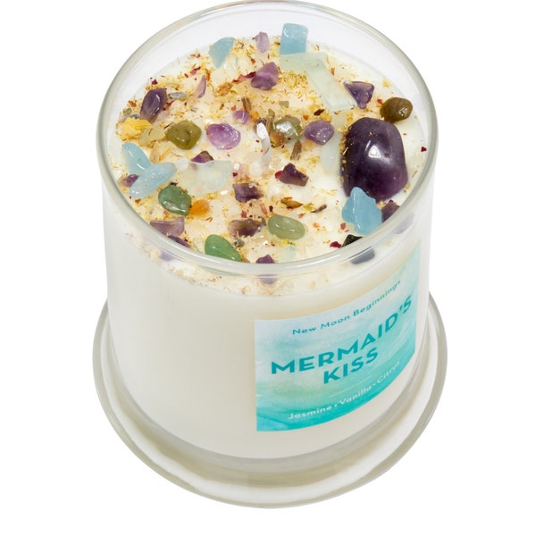 Mermaid's Kiss Candle - Crystal & Herb Mermaid Candle- Mermaid Crystal Candle - Soy Ocean Candle - Sea Salt, Jasmine Candle - Handmade Gift!