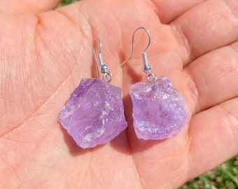 Raw Amethyst Earrings Silver - Amethyst Crystal Earrings - Amethyst Jewelry - Raw Crystal Jewelry - Amethyst Dangle Earrings