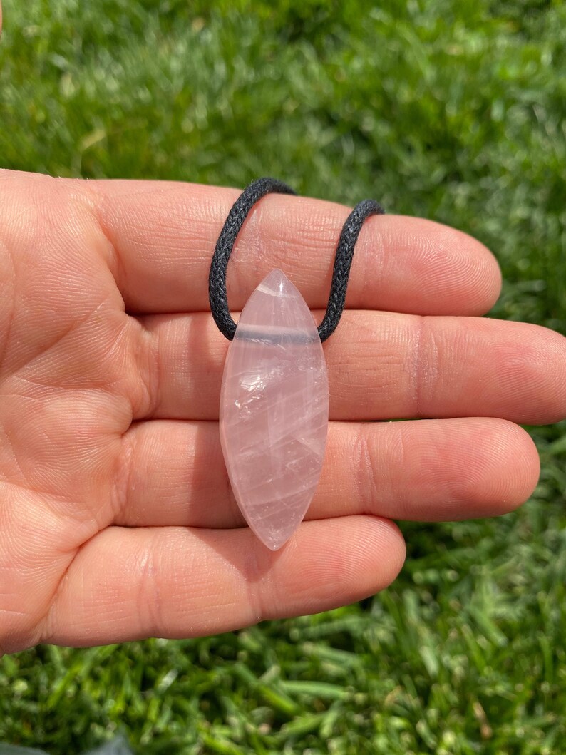 Rose Quartz Pendant on 28" Black Cord - Polished Rose Quartz Marquise Necklace - Crystal Necklace - Rose Quartz Jewelry image 3