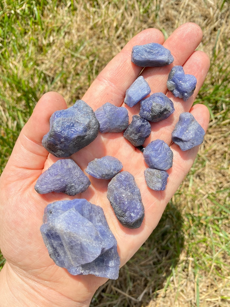 May include: A collection of raw blue kyanite crystals in various sizes and shapes. The crystals are a deep blue color with a slight shimmer.