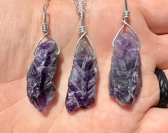 Amethyst Pendant on Sterling Silver Wire - Raw Amethyst Crystal Necklace - Rough Amethyst Crystal Pendant - Natural Amethyst Jewelry