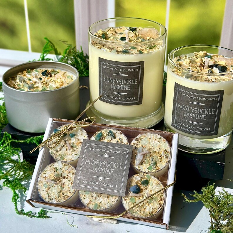 Honeysuckle Jasmine Candles - Crystal & Herb Candles - Aromatherapy Candles - Floral Candle - Soy Jasmine Candles and Tealights - Handmade! image 13
