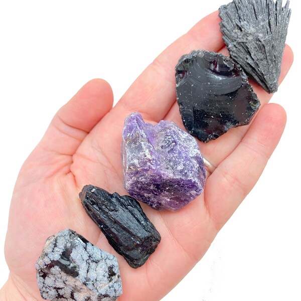 Negative Energy Protection Set - Raw Amethyst, Black Tourmaline, Snowflake Obsidian, Black Kyanite, Black Obsidian Crystal - Shield Set