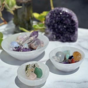 Pu&ograve; includere: Tre ciotole di selenite bianca riempite di cristalli colorati. Le ciotole sono su una superficie di marmo bianco. La ciotola pi&ugrave; grande contiene cristalli di ametista, quarzo rosa e quarzo trasparente. La ciotola media contiene una variet&agrave; di cristalli, tra cui ametista, quarzo trasparente e citrino. La ciotola pi&ugrave; piccola contiene un cristallo di aventurina verde, un cristallo di quarzo rosa e un cristallo di quarzo trasparente.