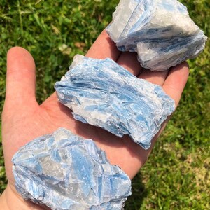 May include: Three blue kyanite crystal specimens with a white, layered, and striated texture. The crystals are rough and natural, with a light blue color.