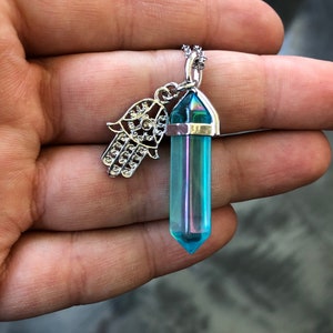 Raw Aqua Aura Quartz Pendant Hamsa Charm with 18" Chain - Aqua Aura Quartz Crystal Point - Aqua Aura Quartz Stone - Aura Quartz Point