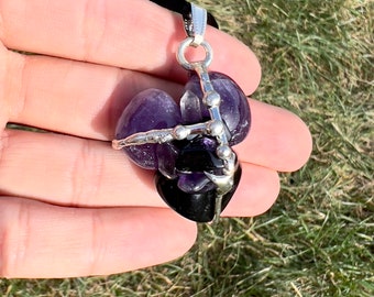 Protection Shield Amulet - Amethyst, Black Tourmaline, Black Obsidian Crystal - Protection Necklace - Tourmaline Amulet - Healing Necklace