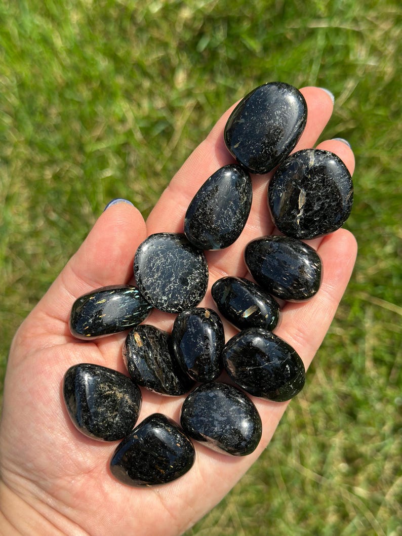 May include: A handful of polished black tourmaline stones. The stones are smooth, oval-shaped, and vary in size. Some stones have visible inclusions and a slight sheen. The background is blurred green grass.