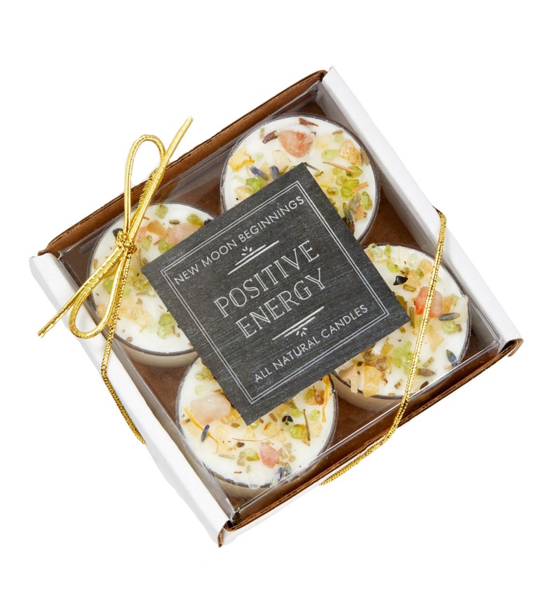 Positive Energie Kerzen - Kristall & Kräuter Kerze - Soja Aromatherapie Kerze mit Sonnenstein, Citrin - Positive Energie Kristall Kerze - Handgemacht! 4 Tealight Candles