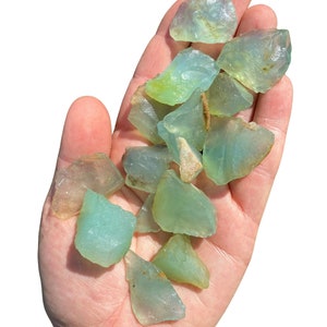 Puede incluir: Un pu&ntilde;ado de cristales en bruto, transl&uacute;cidos, de color azul verdoso p&aacute;lido. Las piedras en bruto var&iacute;an en tama&ntilde;o y forma, algunas muestran toques de amarillo y marr&oacute;n. Los cristales se sostienen en una palma abierta sobre un fondo blanco.