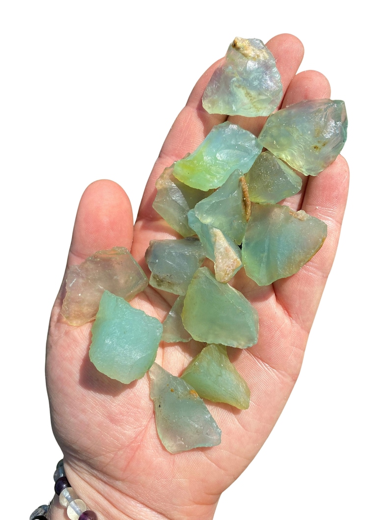 Puede incluir: Un pu&ntilde;ado de cristales en bruto, transl&uacute;cidos, de color azul verdoso p&aacute;lido. Las piedras en bruto var&iacute;an en tama&ntilde;o y forma, algunas muestran toques de amarillo y marr&oacute;n. Los cristales se sostienen en una palma abierta sobre un fondo blanco.