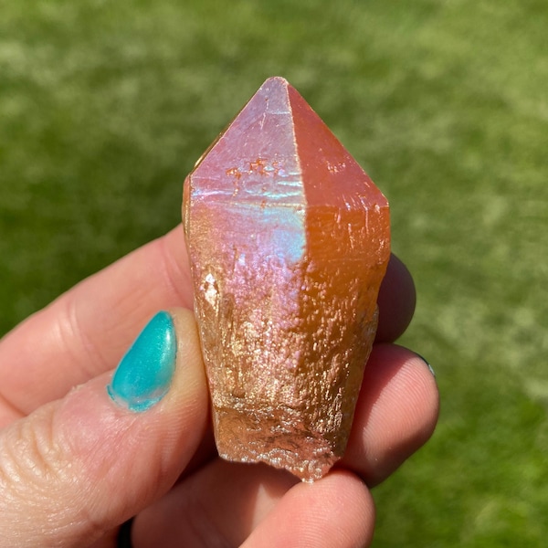 Raw Tangerine Sun Aura Quartz Crystal - Raw Tangerine Aura Quartz with Root - Melon Aura Quartz Stone - Sunset Aura Quartz Crystal Point