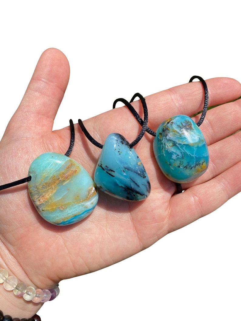 Blue Andean Opal Stone Pendant w/ 28" Black Cord - Blue Peruvian Opal Crystal Necklace - Polished Blue Opal Necklace - Crystal Necklace image 3