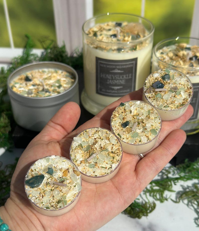 Honeysuckle Jasmine Candles - Crystal & Herb Candles - Aromatherapy Candles - Floral Candle - Soy Jasmine Candles and Tealights - Handmade! image 5