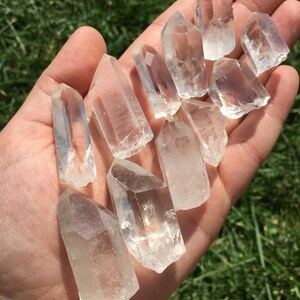 May include: A collection of clear quartz crystal points, also known as rock crystals, in various sizes and shapes. The crystals are arranged in a hand, showcasing their natural beauty and clarity.