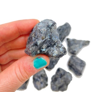 Puede incluir: Una colección de siete cristales de labradorita en bruto, de diferentes tamaños y formas. Los cristales son de color gris oscuro con destellos iridiscentes de azul y verde.