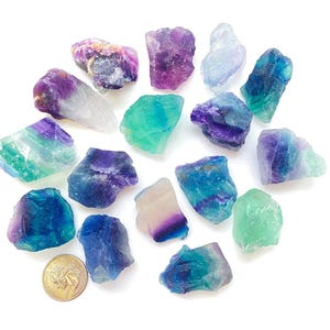 Puede incluir: Una colecci&oacute;n de 15 cristales de fluorita en varios tonos de azul, verde y morado. Los cristales son &aacute;speros y tienen un aspecto natural sin pulir.