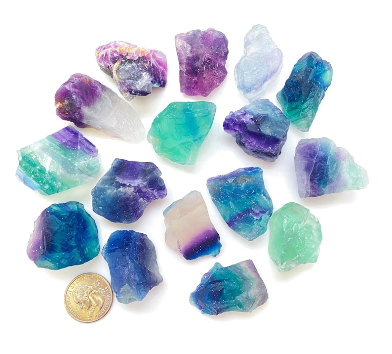 Puede incluir: Una colecci&oacute;n de 15 cristales de fluorita en varios tonos de azul, verde y morado. Los cristales son &aacute;speros y tienen un aspecto natural sin pulir.