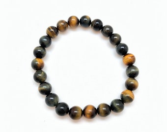 Bracciale in occhio di tigre blu e oro (8 mm) - Bracciale elastico - Bracciale in occhio di falco - Gioielli in occhio di tigre blu e oro - Pietra preziosa in vero occhio di tigre