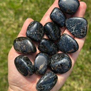 May include: A handful of polished black tourmaline stones. The stones are smooth, with a glossy sheen and subtle variations in texture and color. The stones are held in an open hand against a blurred green background.