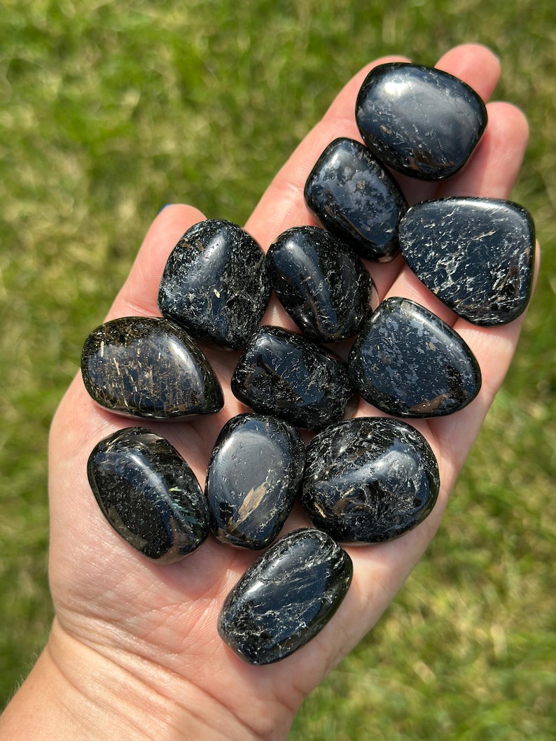 May include: A handful of polished black tourmaline stones. The stones are smooth, with a glossy sheen and subtle variations in texture and color. The stones are held in an open hand against a blurred green background.