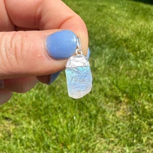 Rainbow Moonstone Pendant in Sterling Silver - Raw Rainbow Moonstone Crystal Necklace - Rough Rainbow Moonstone - Sterling Silver Pendant