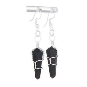 Black Obsidian Earrings Silver Colored Wire Wrapped - Black Obsidian Dangle Earrings - Black Obsidian Jewelry - Delicate Wire Wrapped Points